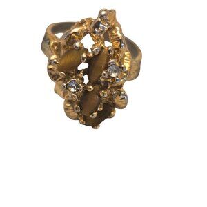 Vintage Gold Cluster Ring Tigers Eye Rhinestones Size 5  Statement